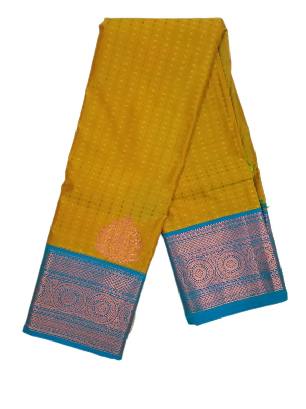 Mustard_Gold_Body_With_Peacock_Blue_Contrast_Pure_Soft_Silk_Saree_With_Blouse