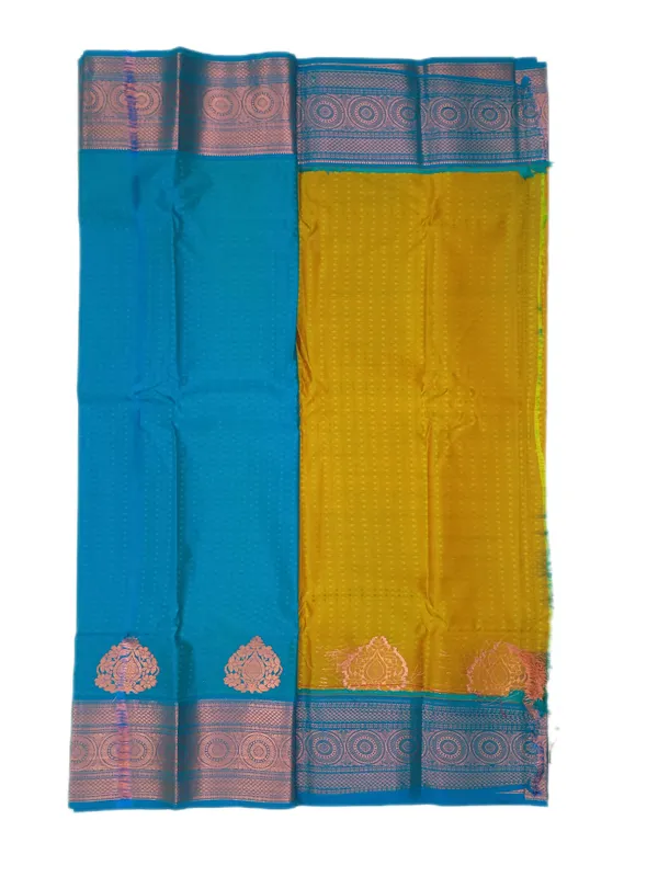 Mustard_Gold_Body_With_Peacock_Blue_Contrast_Pure_Soft_Silk_Saree_With_Blouse