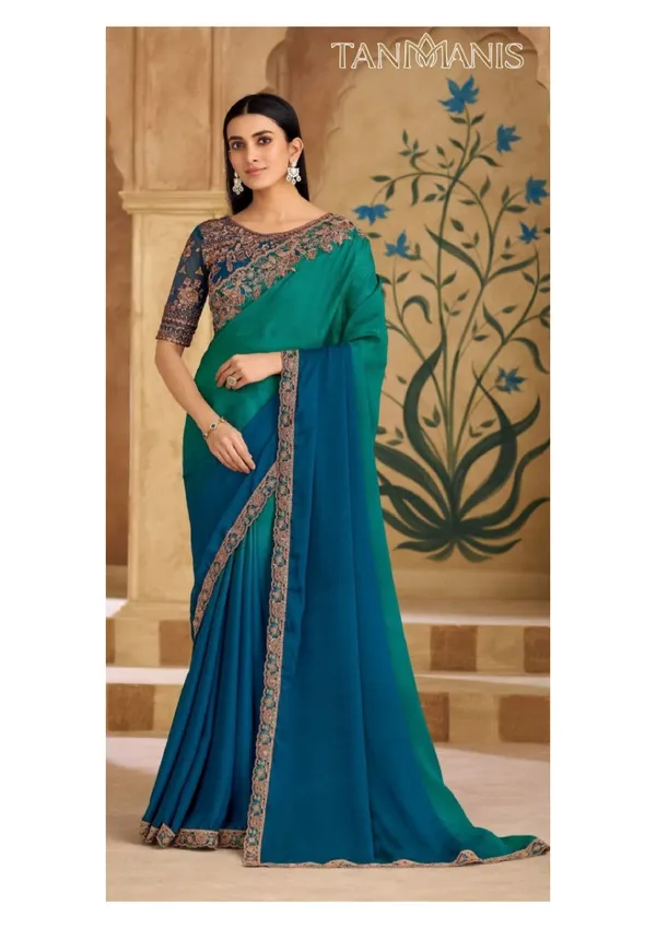 Fancy_Tissue_georgette_Saree_with_Blouse_-_Emerald_Green_&_Deep_Sapphire_Blue_Ombr�