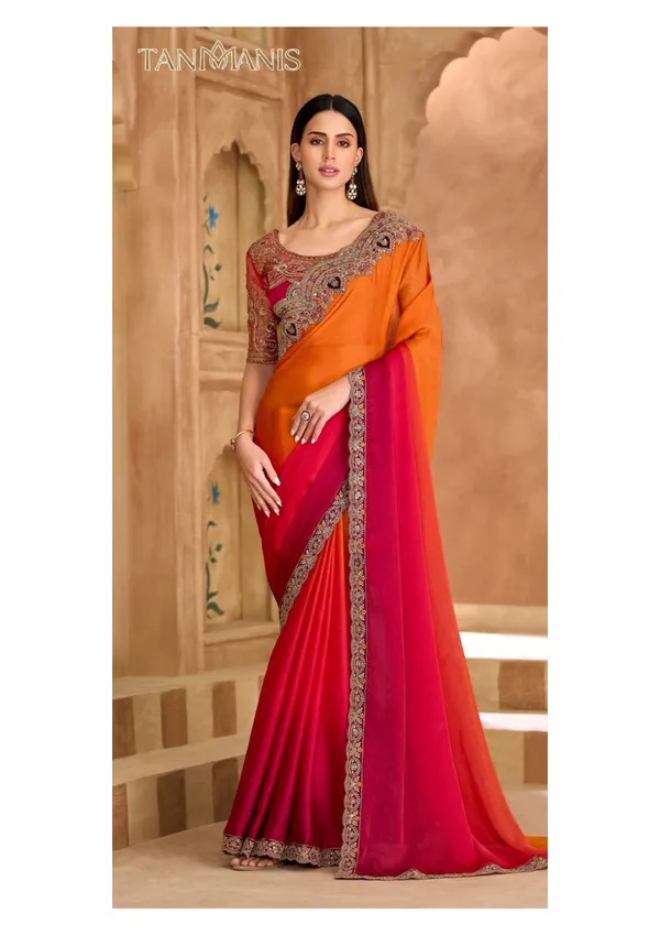 Fancy_Tissue_georgette_Saree_with_Blouse_-_Ombre_saffron_orange_to_rani_pink_gradient