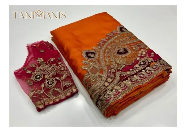 Fancy_Tissue_georgette_Saree_with_Blouse_-_Ombre_saffron_orange_to_rani_pink_gradient