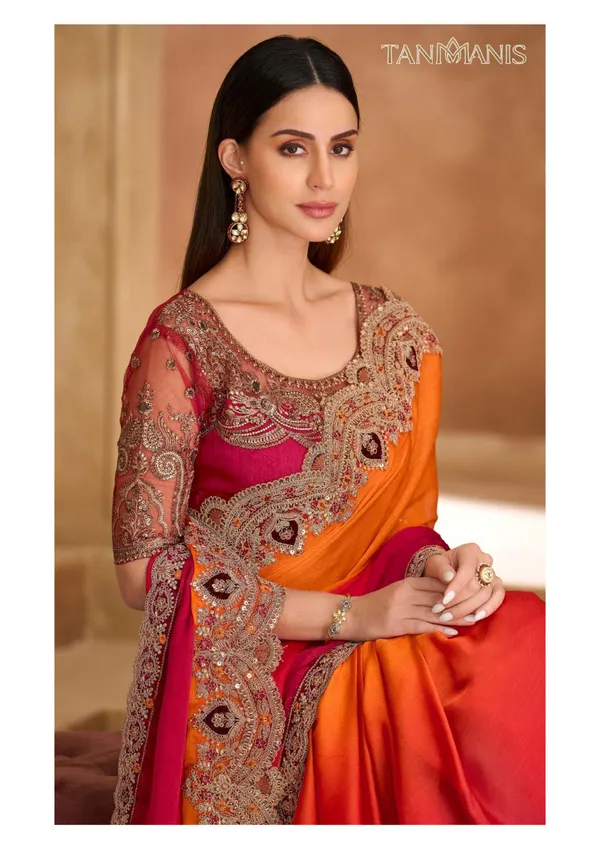 Fancy_Tissue_georgette_Saree_with_Blouse_-_Ombre_saffron_orange_to_rani_pink_gradient