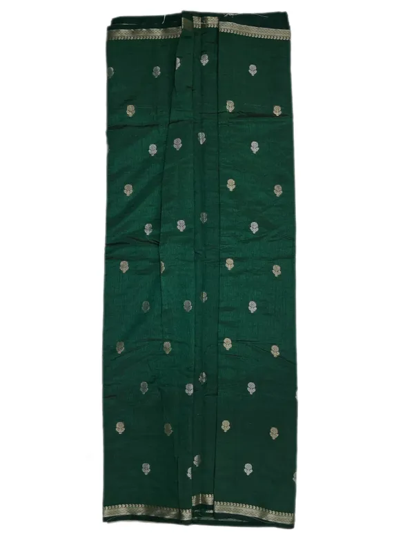 Deep_Forest_Green_With_Minimal_Silver_And_Gold_Zari_Buttas_And_Antique_Silver_Zari_Border_Fancy_Soft_Silk_Saree_With_Blouse