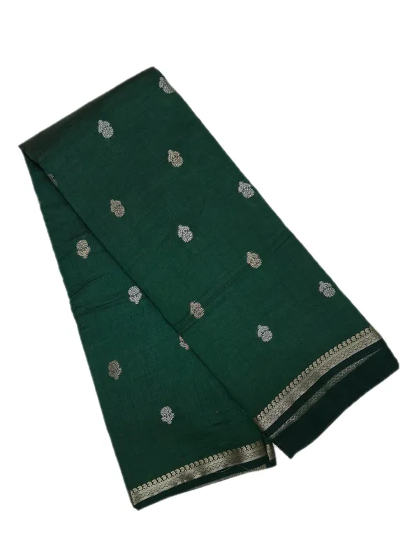 Deep_Forest_Green_With_Minimal_Silver_And_Gold_Zari_Buttas_And_Antique_Silver_Zari_Border_Fancy_Soft_Silk_Saree_With_Blouse