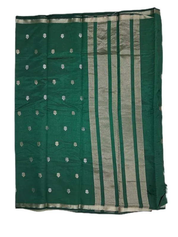 Deep_Forest_Green_With_Minimal_Silver_And_Gold_Zari_Buttas_And_Antique_Silver_Zari_Border_Fancy_Soft_Silk_Saree_With_Blouse