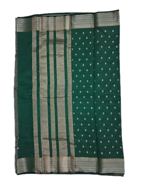 Deep_Forest_Green_With_Small_Silver_And_Gold_Zari_Buttas_Along_With_Antique_Silver_And_Gold_Zari_Border_Fancy_Soft_Silk_Saree_With_Blouse