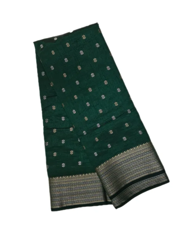 Deep_Forest_Green_With_Small_Silver_And_Gold_Zari_Buttas_Along_With_Antique_Silver_And_Gold_Zari_Border_Fancy_Soft_Silk_Saree_With_Blouse