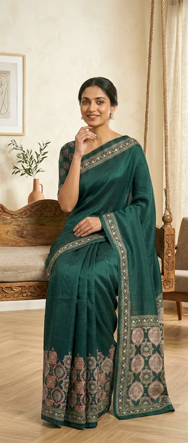 Modal_Silk_with_Block_Print_saree_with_Blouse_-_Deep_forest-green_field_with_terracotta-red_&_ivory_jaal