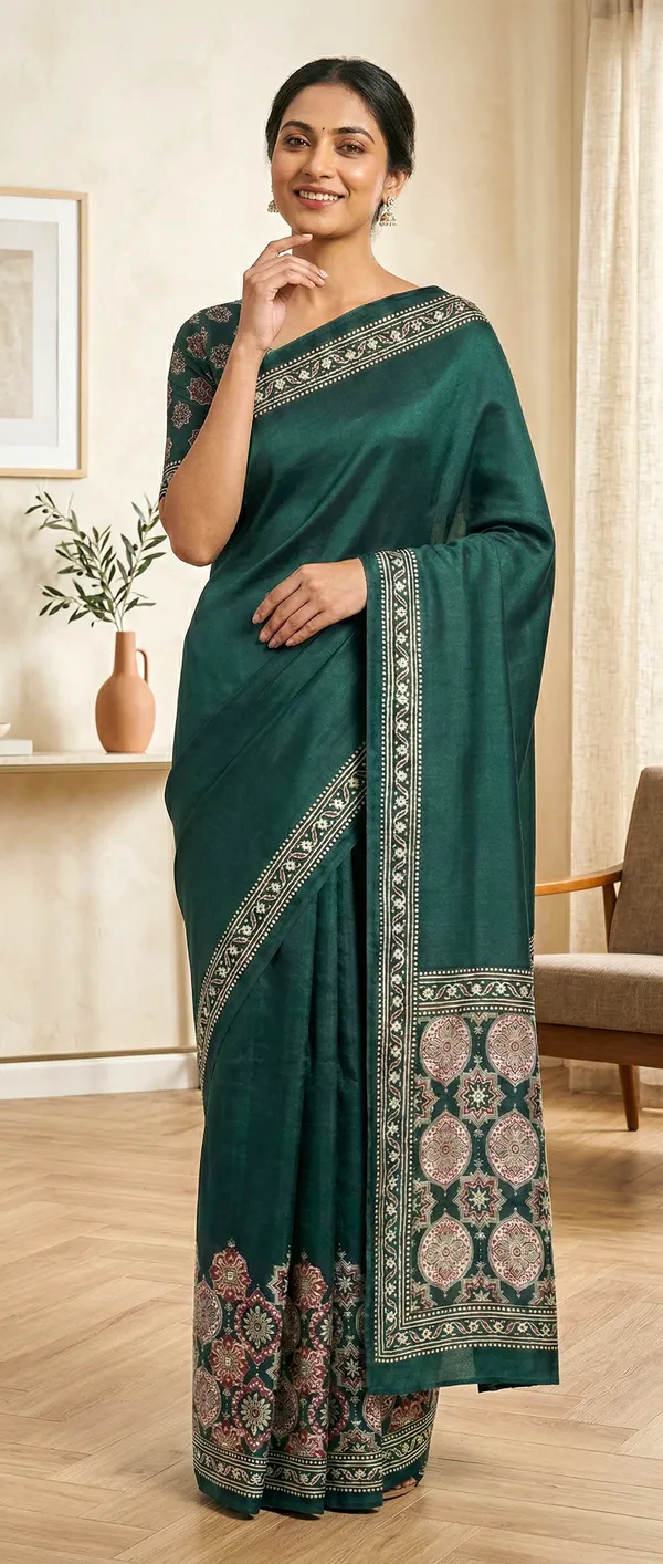 Modal_Silk_with_Block_Print_saree_with_Blouse_-_Deep_forest-green_field_with_terracotta-red_&_ivory_jaal