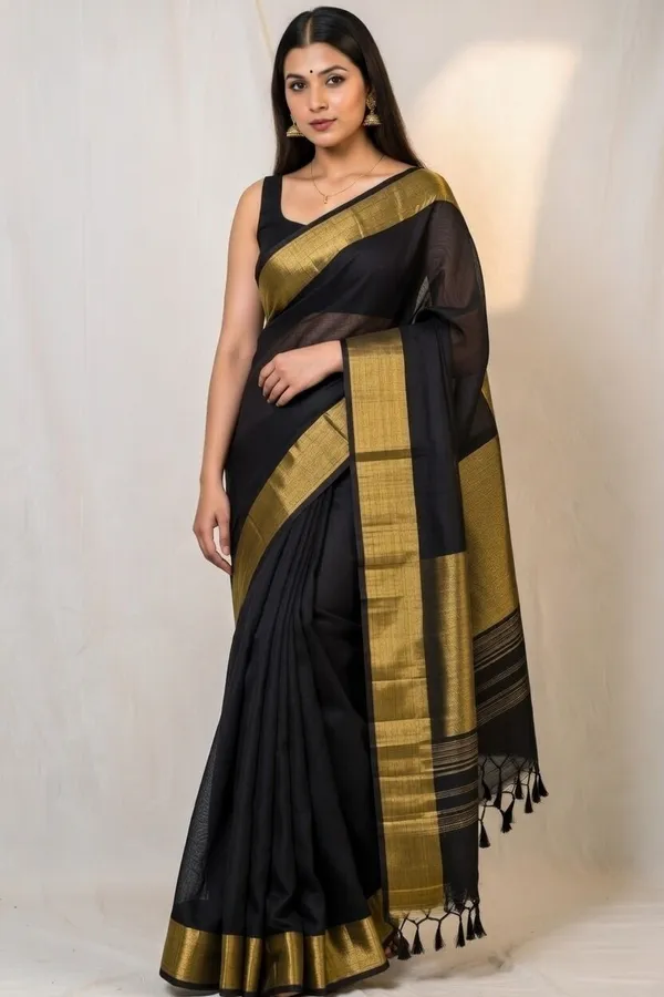 Khadi_cotton_saree_with_Blouse_-_Deep_midnight-black_colour_with_golden_lagdi_pallu_work