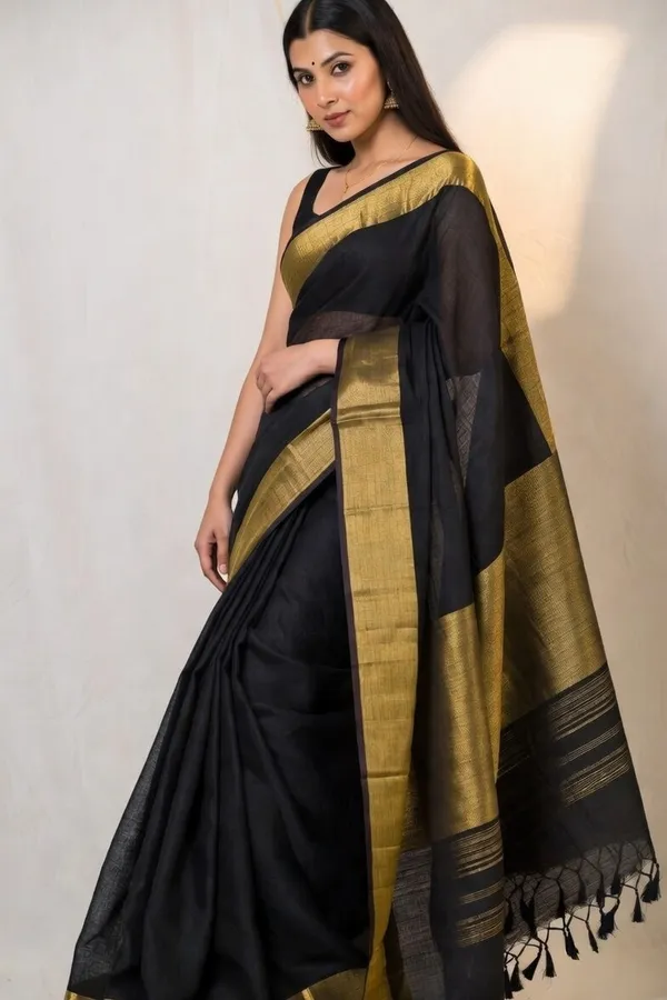 Khadi_cotton_saree_with_Blouse_-_Deep_midnight-black_colour_with_golden_lagdi_pallu_work