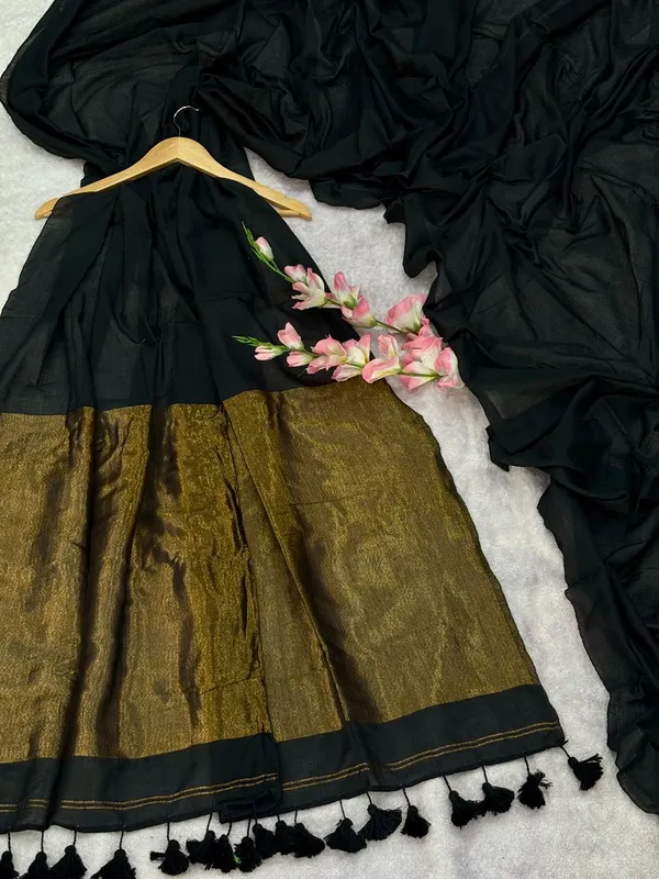 Khadi_cotton_saree_with_Blouse_-_Deep_midnight-black_colour_with_golden_lagdi_pallu_work