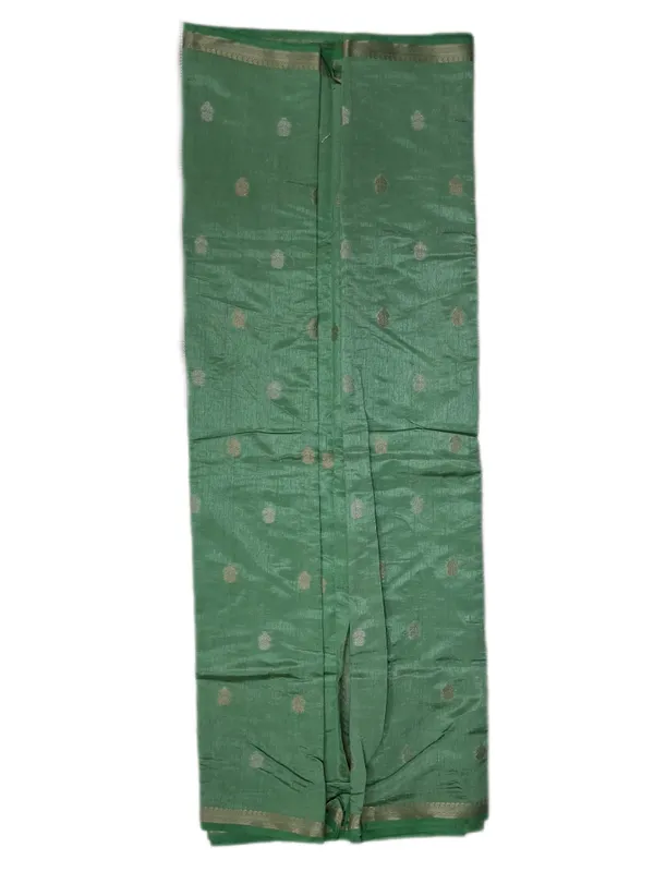 Muted_Leaf_Green_With_Antique_Gold_Zari_Border_And_Katha_Buttas_Fancy_Soft_Silk_Saree_With_Blouse