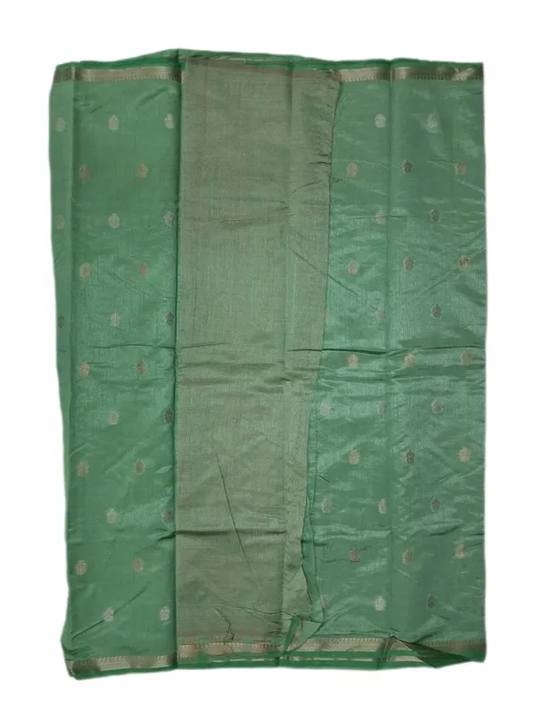Muted_Leaf_Green_With_Antique_Gold_Zari_Border_And_Katha_Buttas_Fancy_Soft_Silk_Saree_With_Blouse