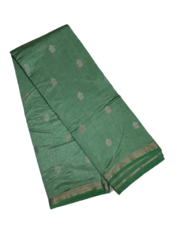 Muted_Leaf_Green_With_Antique_Gold_Zari_Border_And_Katha_Buttas_Fancy_Soft_Silk_Saree_With_Blouse