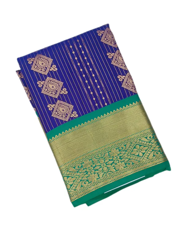Royal_Cobalt_Blue_With_Contrast_Emerald_Green_Pure_Kanjivaram_Soft_Silk_Saree_With_Blouse
