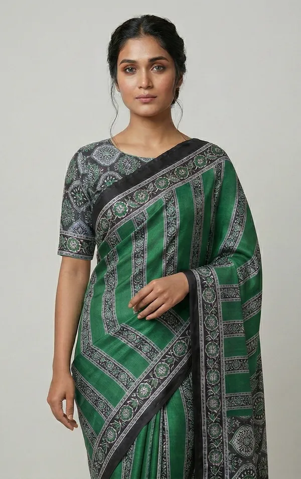 Modal_Silk_with_Block_Print_saree_with_Blouse_-_Emerald_Green_with_Noir_&_Ivory_Accents