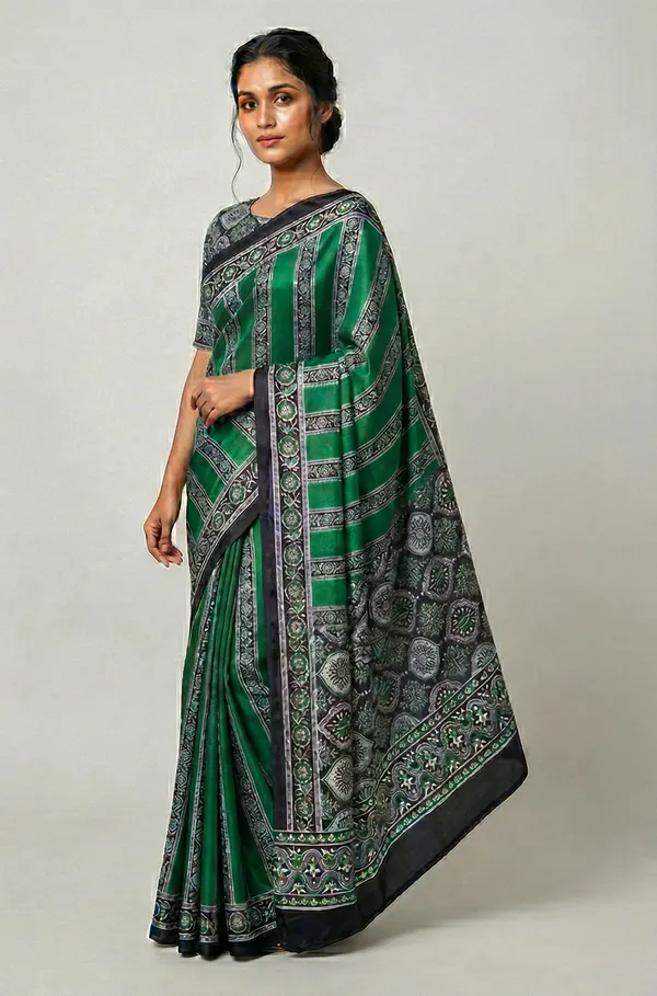Modal_Silk_with_Block_Print_saree_with_Blouse_-_Emerald_Green_with_Noir_&_Ivory_Accents