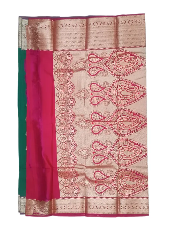 Emerald_Green_With_Rani_Pink_Contrast_Border_Pure_Kanjivaram_Soft_Silk_Saree_With_Blouse