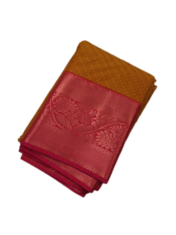 Mustard_Gold_With_Contrast_Rose_Pink_Zari_Border_Pure_Soft_Silk_Saree_With_Blouse