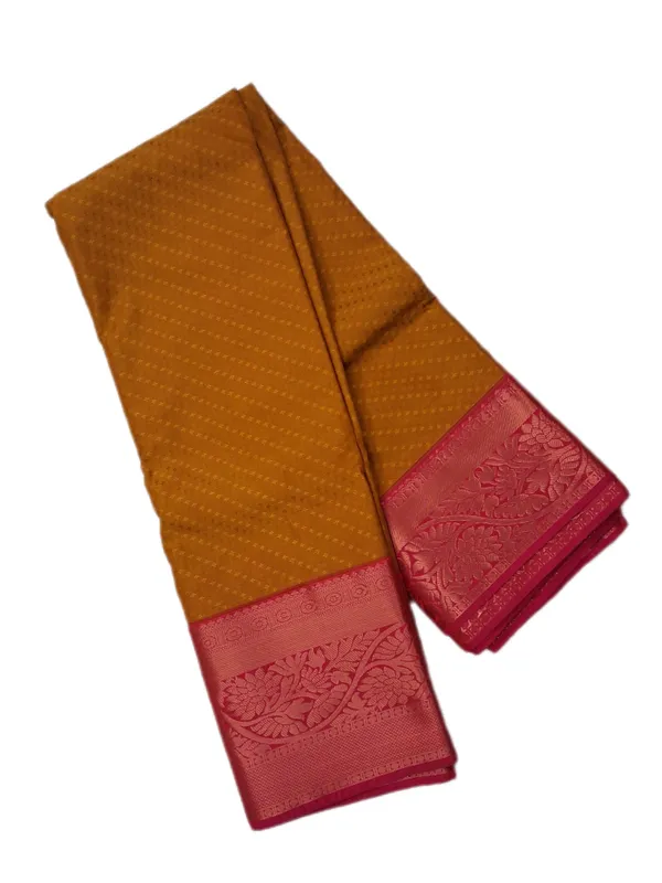 Mustard_Gold_With_Contrast_Rose_Pink_Zari_Border_Pure_Soft_Silk_Saree_With_Blouse
