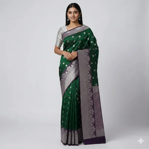 Emerald_Green_With_Antique_Silver_Zari_Pure_Soft_Silk_Saree_With_Blouse