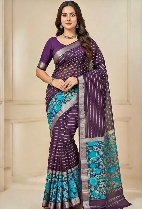 Fancy__Soft_Silk_Saree_with_Blouse_-_Aubergine_silk_with_all-over_zari_butis_with_Ornate_zari_border_with_geometric_detailing