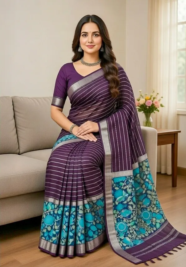 Fancy__Soft_Silk_Saree_with_Blouse_-_Aubergine_silk_with_all-over_zari_butis_with_Ornate_zari_border_with_geometric_detailing