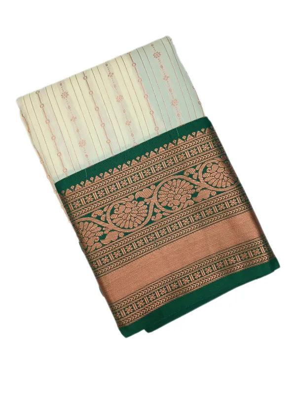 Soft_Ivory_With_Fine_Zari_Stripes_And_Buttas_Emerald_Green_Border_Pure_Kanjivaram_Soft_Silk_Saree_With_Blouse