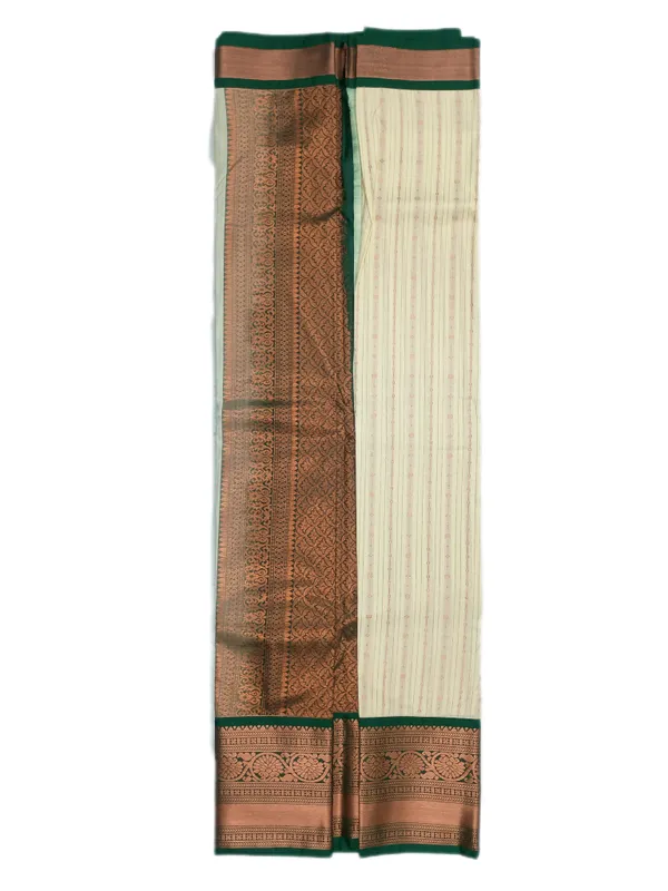 Soft_Ivory_With_Fine_Zari_Stripes_And_Buttas_Emerald_Green_Border_Pure_Kanjivaram_Soft_Silk_Saree_With_Blouse