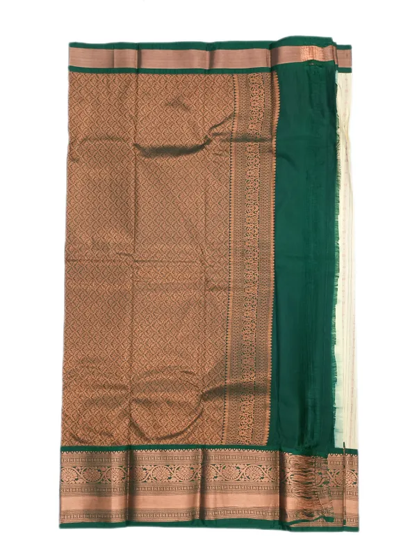 Soft_Ivory_With_Fine_Zari_Stripes_And_Buttas_Emerald_Green_Border_Pure_Kanjivaram_Soft_Silk_Saree_With_Blouse