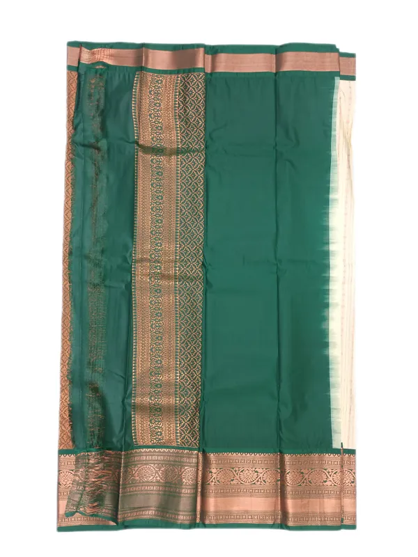 Soft_Ivory_With_Fine_Zari_Stripes_And_Buttas_Emerald_Green_Border_Pure_Kanjivaram_Soft_Silk_Saree_With_Blouse