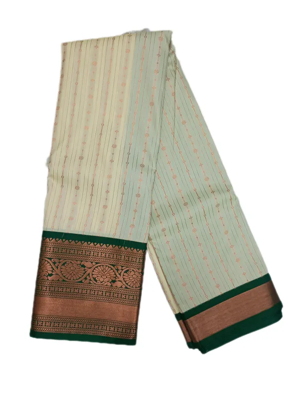 Soft_Ivory_With_Fine_Zari_Stripes_And_Buttas_Emerald_Green_Border_Pure_Kanjivaram_Soft_Silk_Saree_With_Blouse
