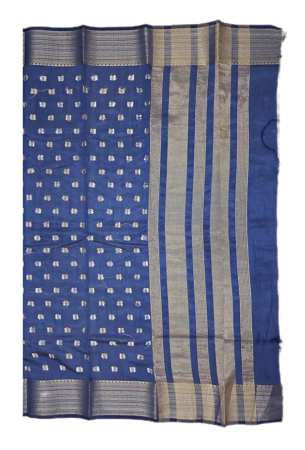 Royal_Blue_Body_With_Minimal_Silver_And_Gold_Zari_Buttas_And_Antique_Silver_Zari_Border_Fancy_Soft_Silk_Saree_With_Blouse