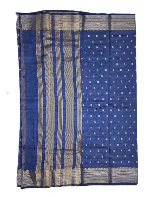 Royal_Blue_Body_With_Minimal_Silver_And_Gold_Zari_Buttas_And_Antique_Silver_Zari_Border_Fancy_Soft_Silk_Saree_With_Blouse