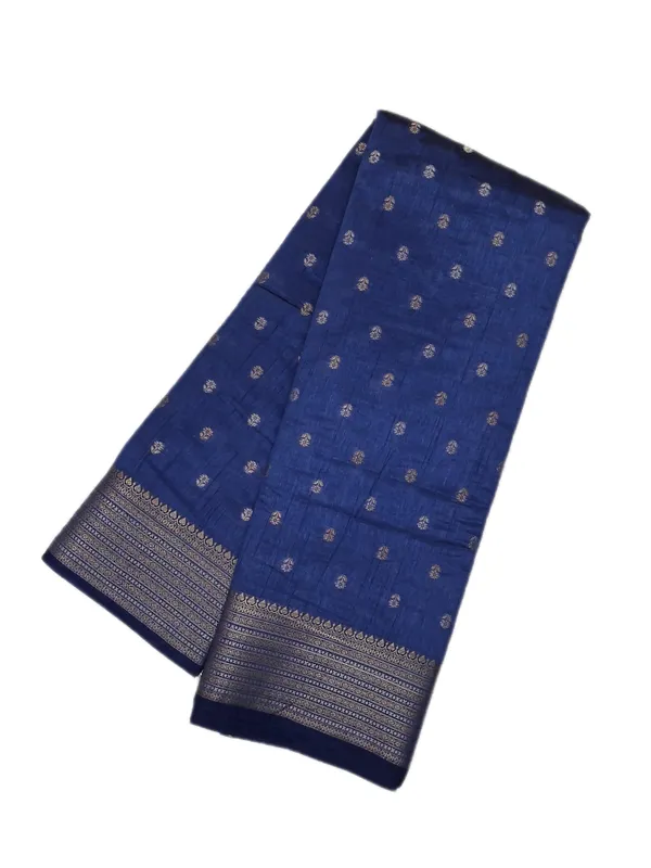 Royal_Blue_Body_With_Minimal_Silver_And_Gold_Zari_Buttas_And_Antique_Silver_Zari_Border_Fancy_Soft_Silk_Saree_With_Blouse