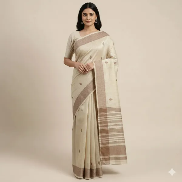 Natural_Ivory_Soft_Beige_With_Minimal_Leaf_Inspired_Woven_Buttas_And_Gold_Geometric_Woven_Border_Fancy_Soft_Silk_Saree_With_Blouse