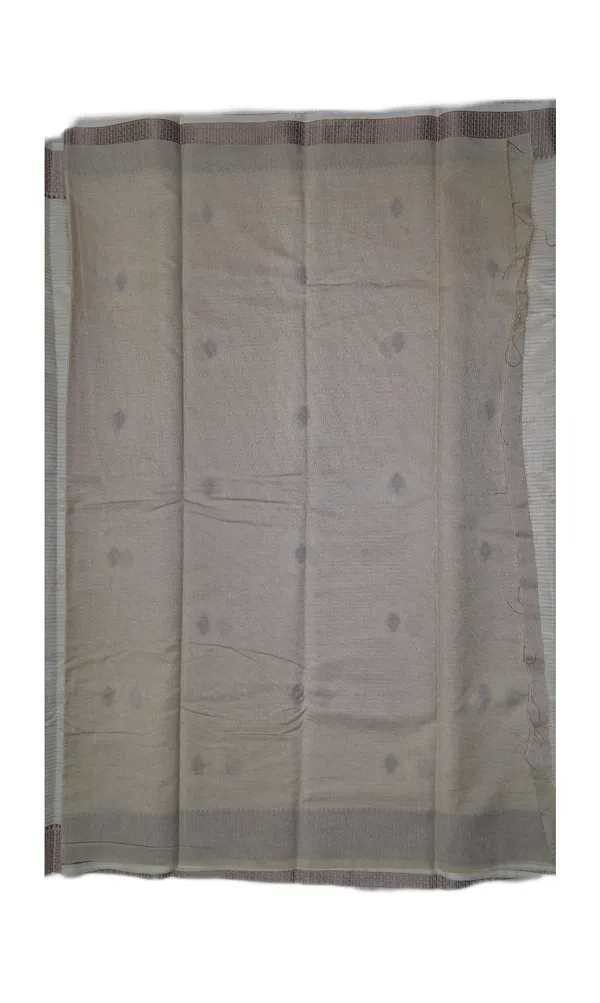 Natural_Ivory_Soft_Beige_With_Minimal_Leaf_Inspired_Woven_Buttas_And_Gold_Geometric_Woven_Border_Fancy_Soft_Silk_Saree_With_Blouse