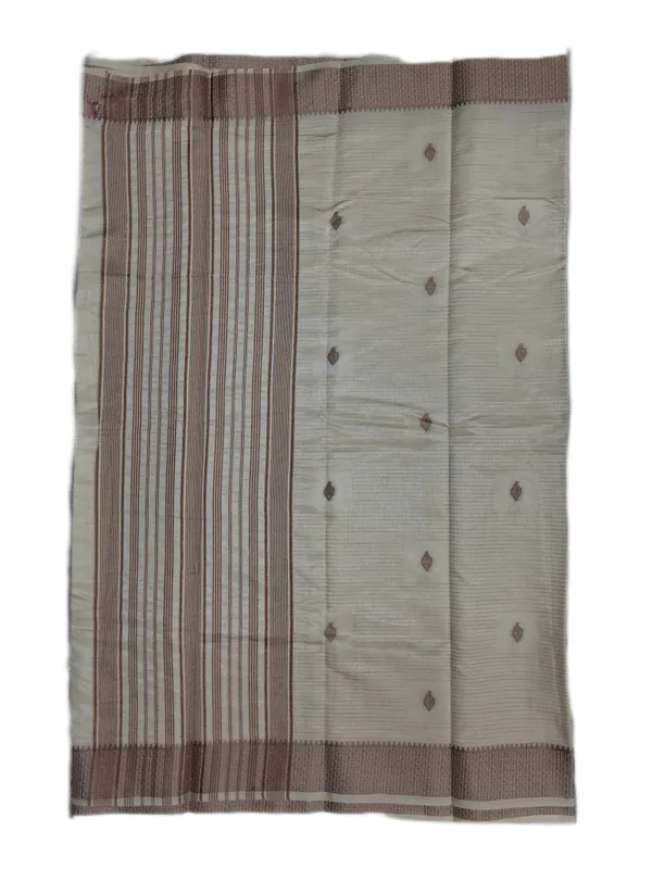 Natural_Ivory_Soft_Beige_With_Minimal_Leaf_Inspired_Woven_Buttas_And_Gold_Geometric_Woven_Border_Fancy_Soft_Silk_Saree_With_Blouse