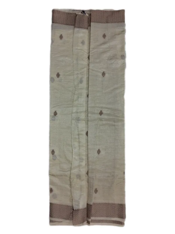 Natural_Ivory_Soft_Beige_With_Minimal_Leaf_Inspired_Woven_Buttas_And_Gold_Geometric_Woven_Border_Fancy_Soft_Silk_Saree_With_Blouse