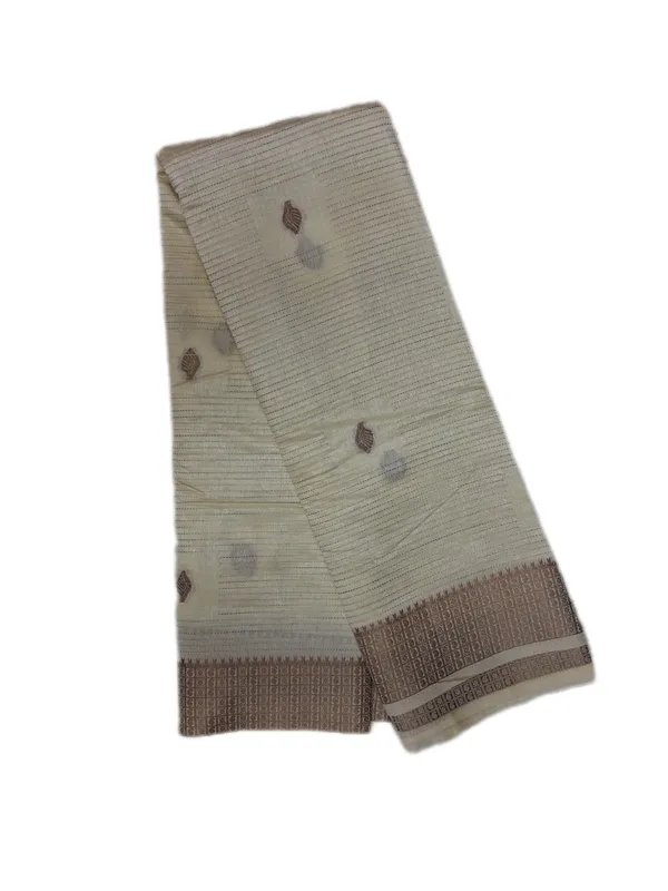 Natural_Ivory_Soft_Beige_With_Minimal_Leaf_Inspired_Woven_Buttas_And_Gold_Geometric_Woven_Border_Fancy_Soft_Silk_Saree_With_Blouse