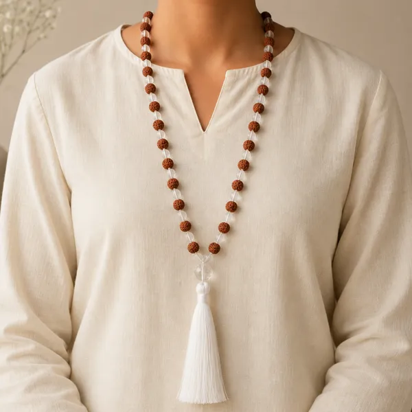5_Mukhi_Rudraksha+Clear_Quartz_108_Beads_(Hand_Knotted)_Japa_Mala__Purity,_Clarity_And_Balance