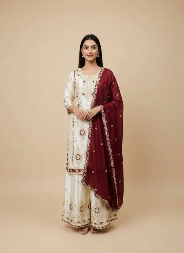 Rich_Maroon_Pure_Chinon_Silk_Ethnic_Set_For_Women