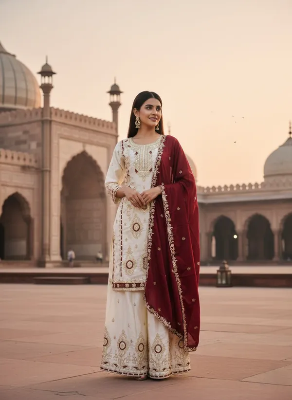 Rich_Maroon_Pure_Chinon_Silk_Ethnic_Set_For_Women