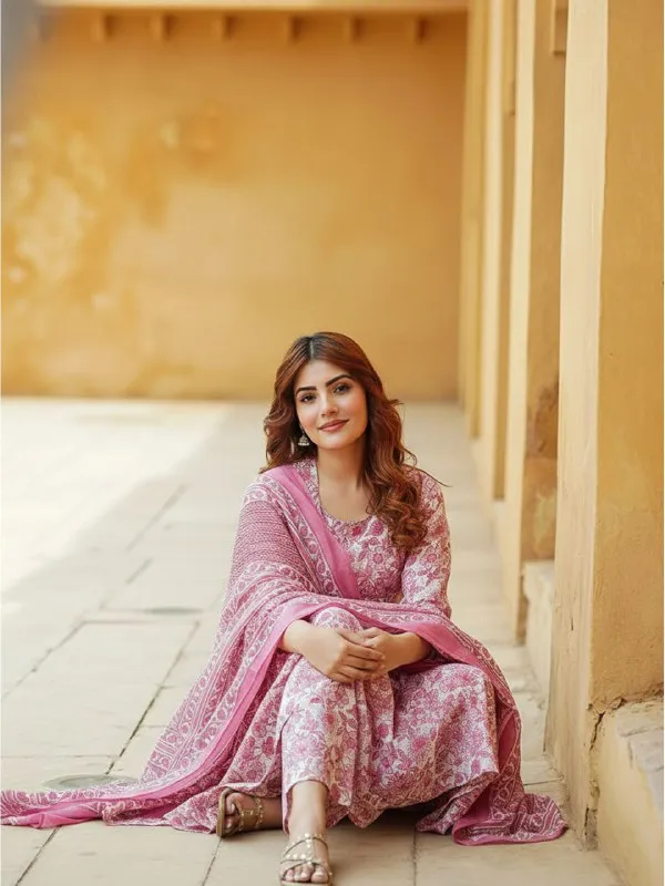 Floral_Printed_Pure_Cotton_Anarkali_Kurta_With_Trousers_&_Dupatta