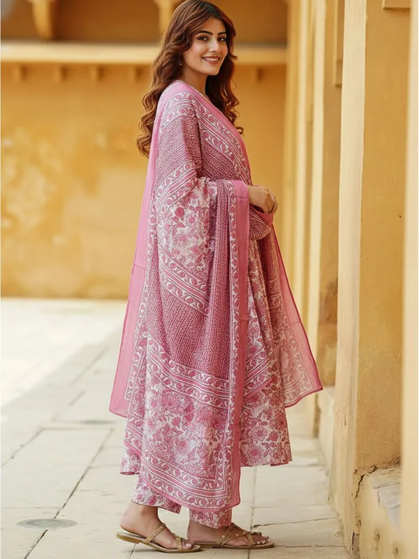 Floral_Printed_Pure_Cotton_Anarkali_Kurta_With_Trousers_&_Dupatta