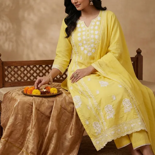Yellow_Chikankari_Cotton_Anarkali_Set_For_Women