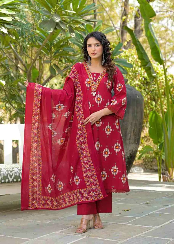 Red_Cotton_Kurta_Set_For_Women