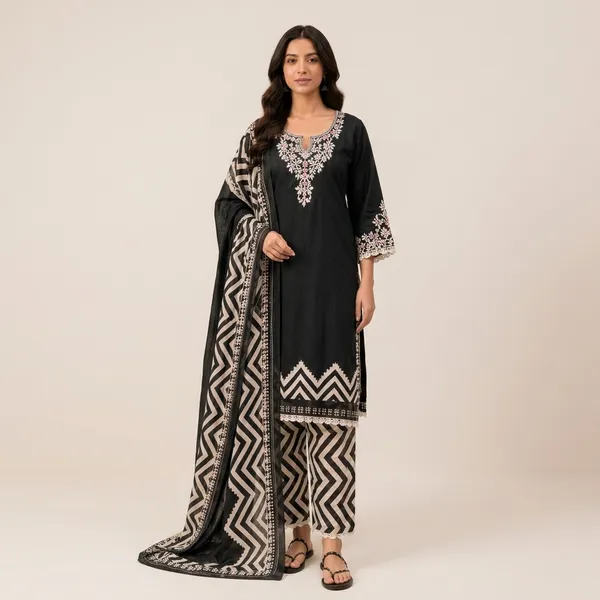 Fine_Floral_Embroidery_Yoke_With_Striped_Accent_Cotton_Full_Suit_Set_With_Dupatta