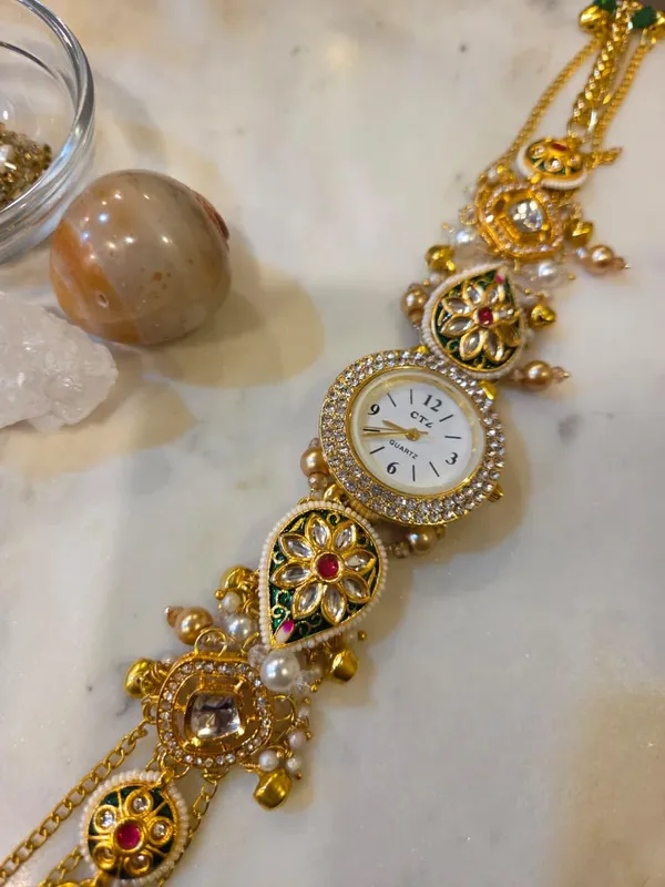 Elegant_Gold-Tone_Watch_Lumba_with_Kundan_Floral_Design_Handmade_Raksha_Bandhan_Lumba_Collection